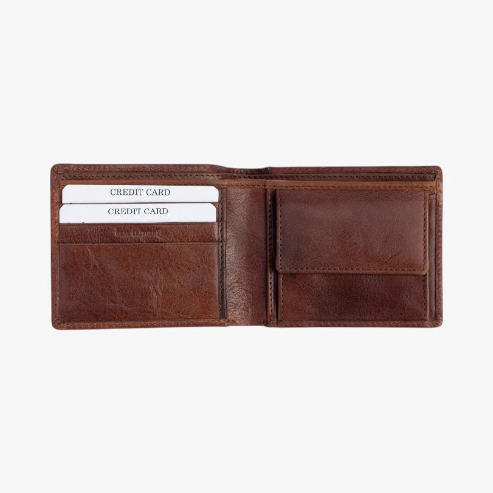 Open view of Brown leather wallet with card slots on a white background
