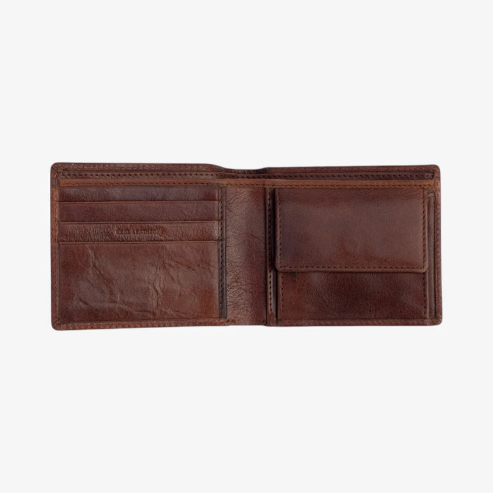 Open view of Brown leather wallet on a white background