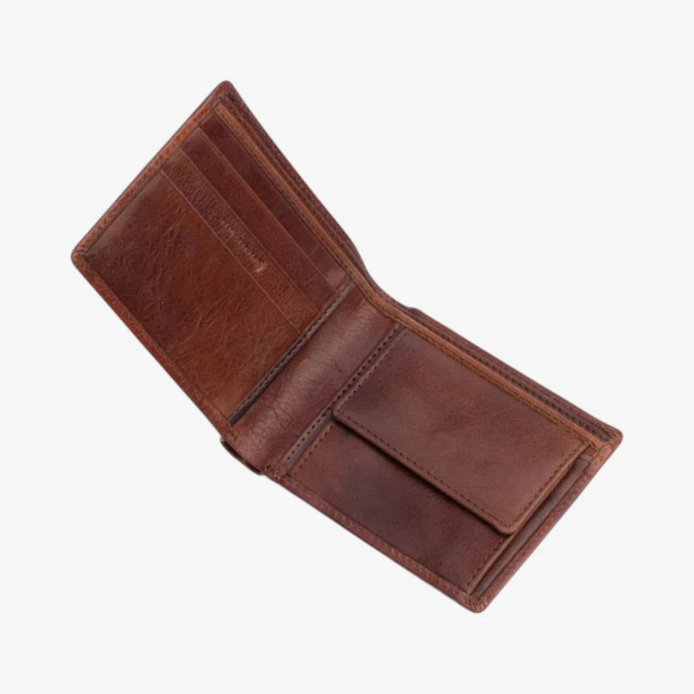 Inside view of Brown leather wallet on a white background