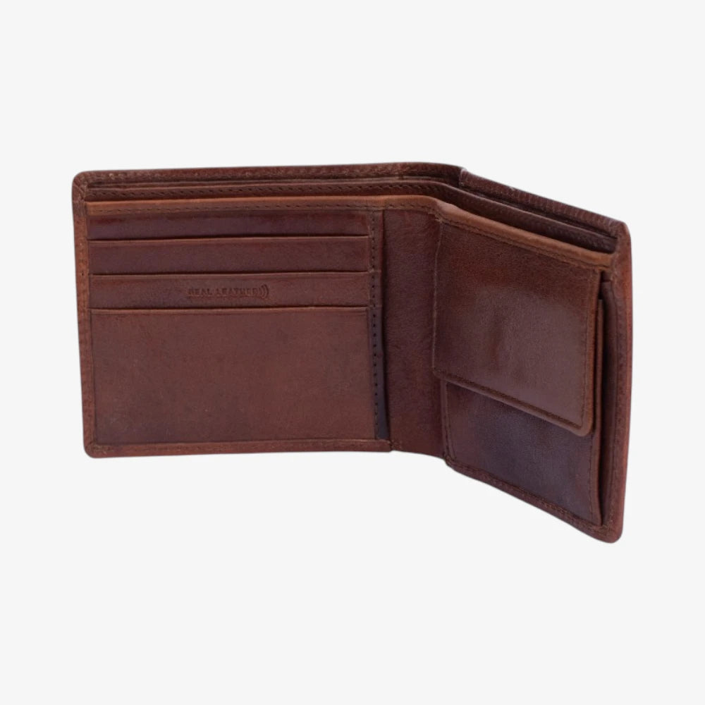 Brown leather wallet open on a white background
