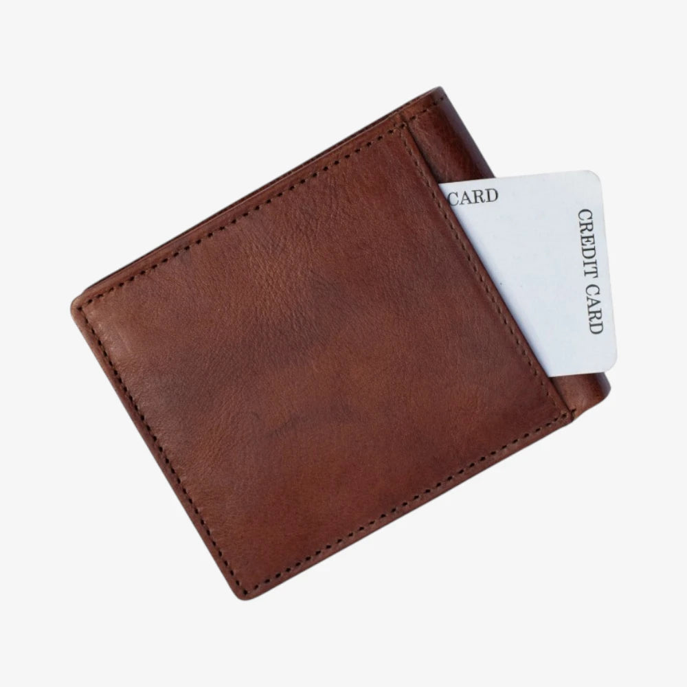 Brown leather wallet with a white card inserted on a white background