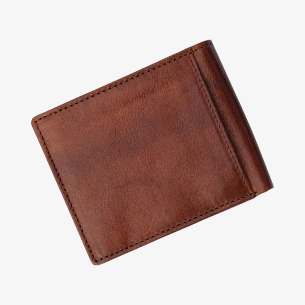 Back view of Brown leather wallet on a white background