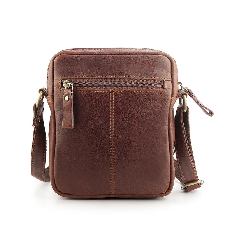Brown leather crossbody bag on a white background
