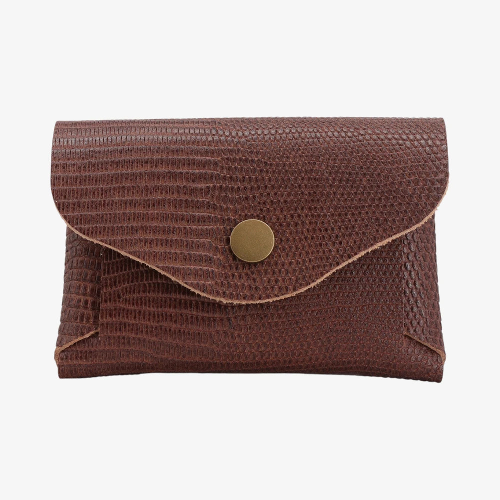 Brown Snake Print leather coin purse with fold-over flap and snap button closure