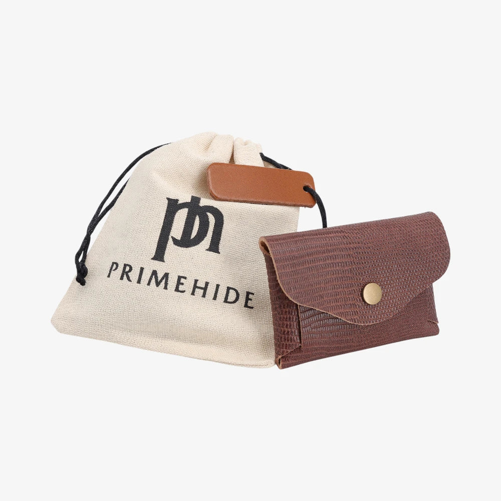 Brown snake print leather coin purse open view with Primehide branded drawstring pouch