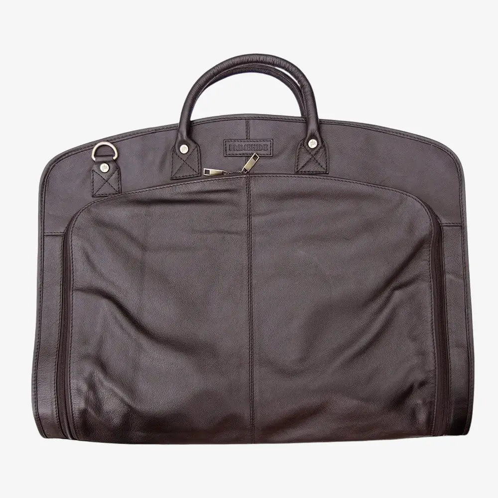 Brown suit garment bag with a handle on a white background