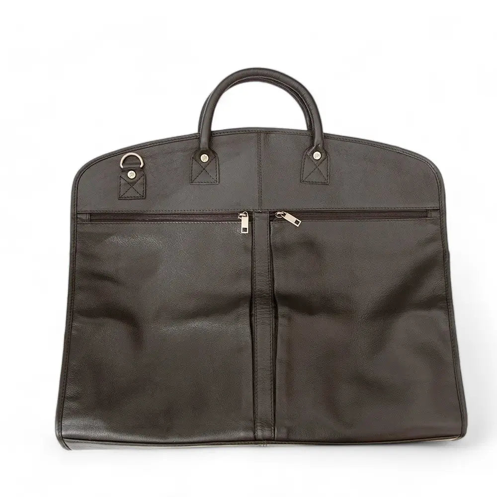 Brown garment bag with handles on a white background