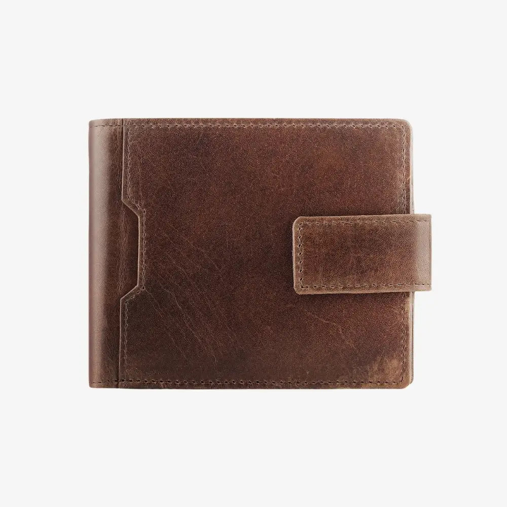 Front view of Brown leather trifold wallet on a white background