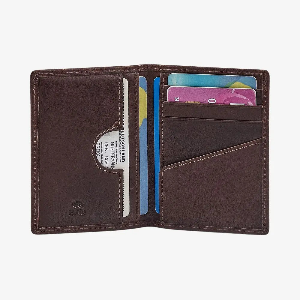 Brown leather card holder with card slots on a white background