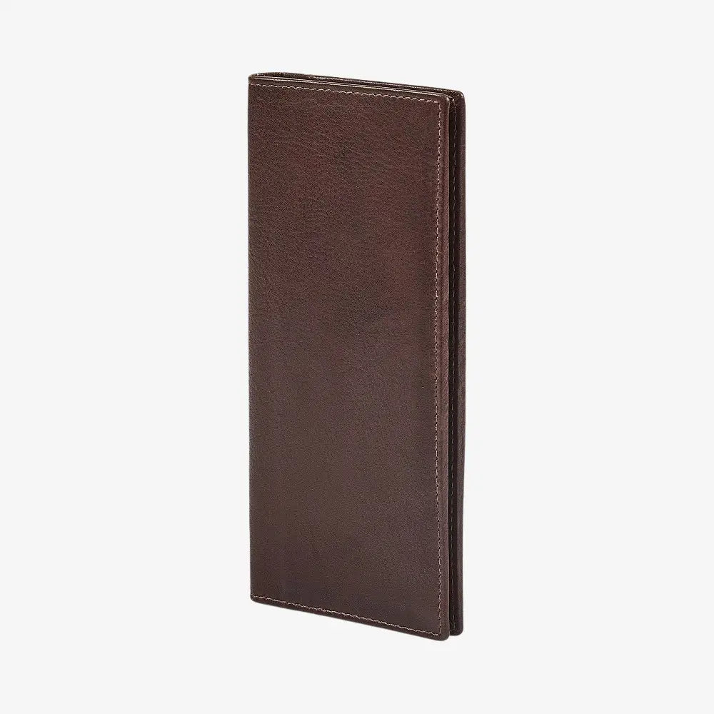Side angle view of Brown leather wallet on a white background