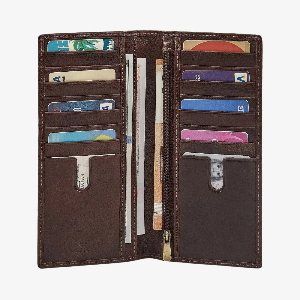 Open brown leather wallet with various cards and money on a white background