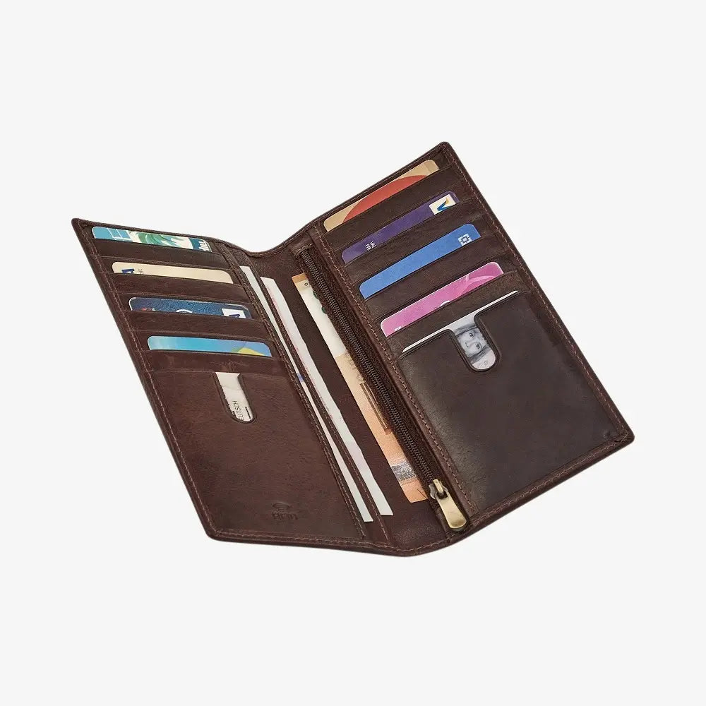Open brown leather wallet with various cards and a pen on a white background