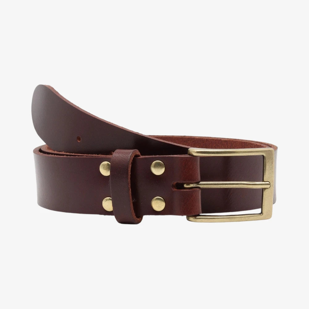 Brown leather belt with gold buckle and studs on a white background