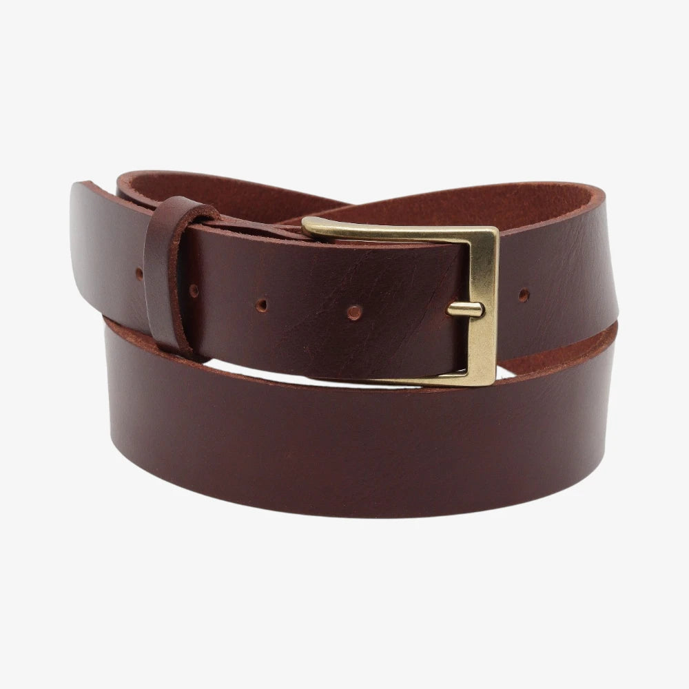 Brown leather belt with a gold buckle on a white background