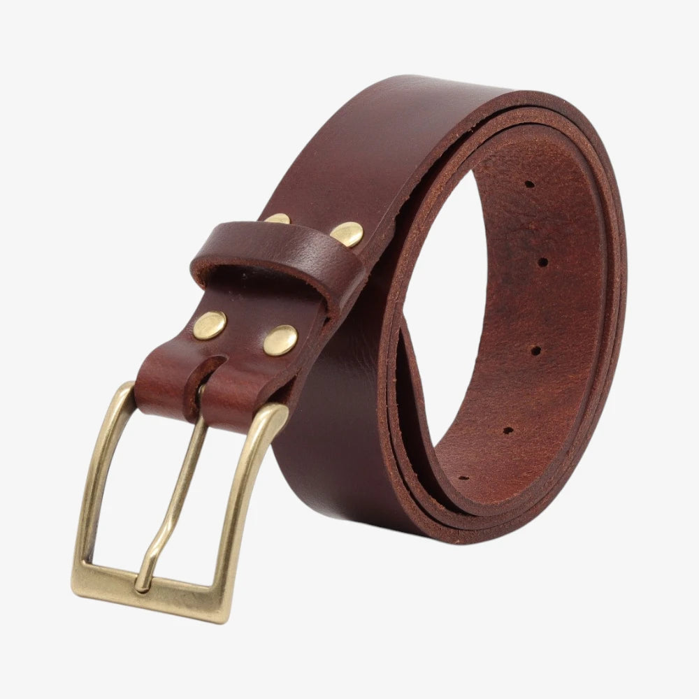 Brown leather belt with a gold buckle on a white background