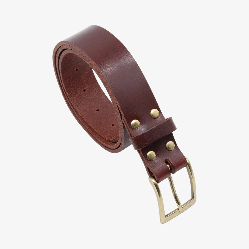 Brown leather belt with gold buckle on a white background