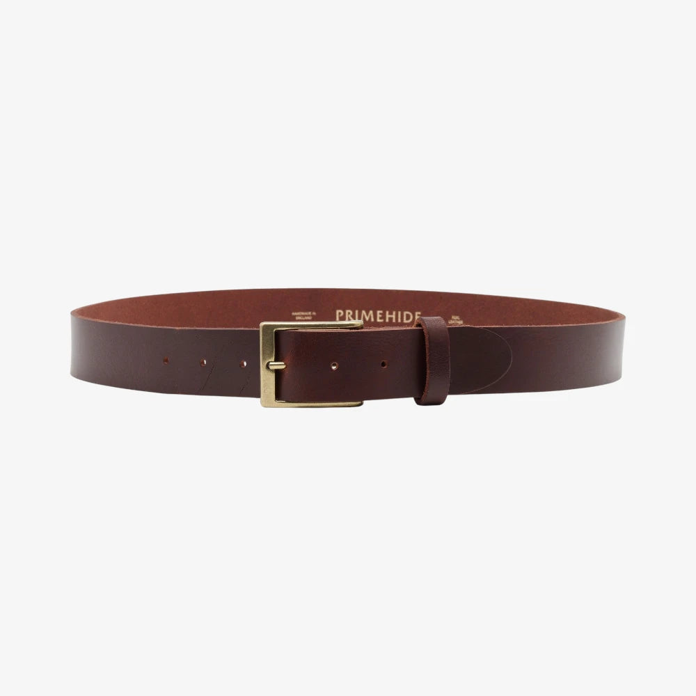 Full width view of Brown leather belt with gold buckle on a white background