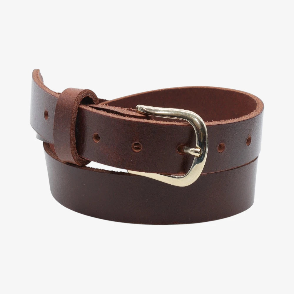 Brown leather belt with a silver buckle on a white background