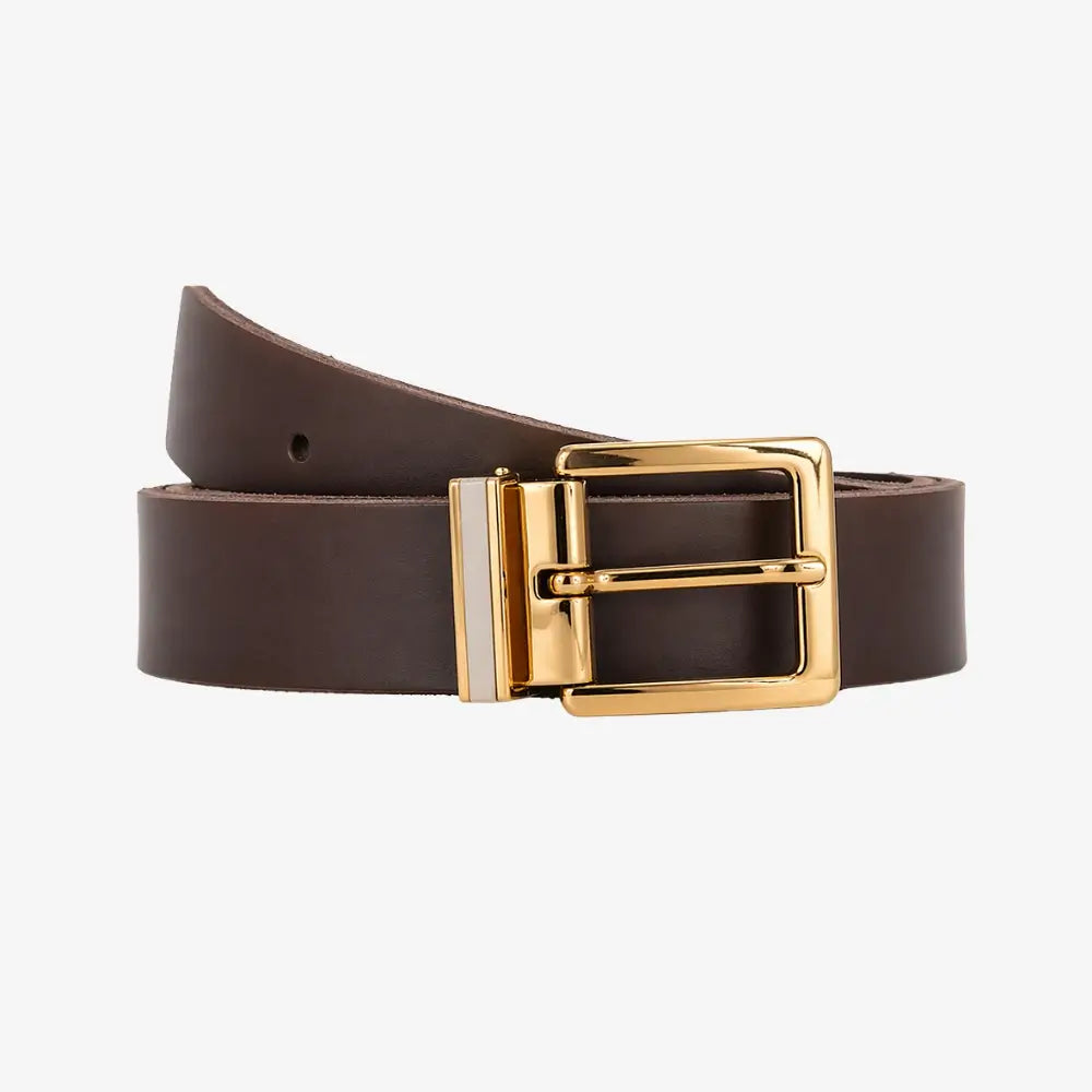 Front view of Brown leather belt with a gold buckle on a white background