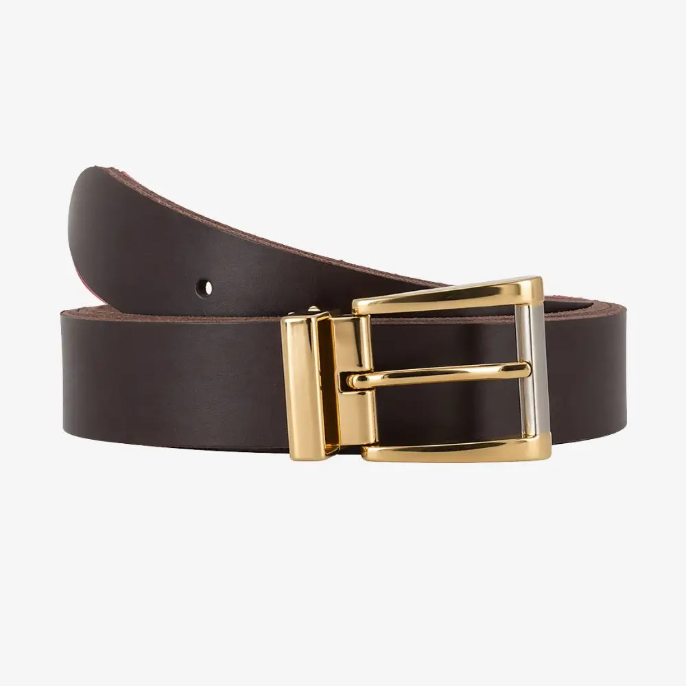 Front view of Brown womens signature frame leather belt on agrey background
