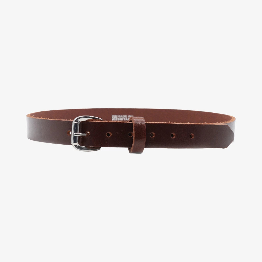 Full width view of Brown leather belt with a silver buckle on a white background