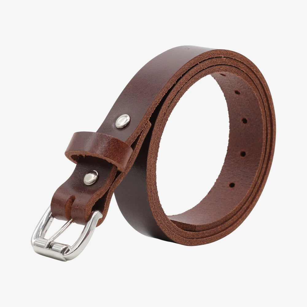 Brown leather belt with silver buckle on a white background