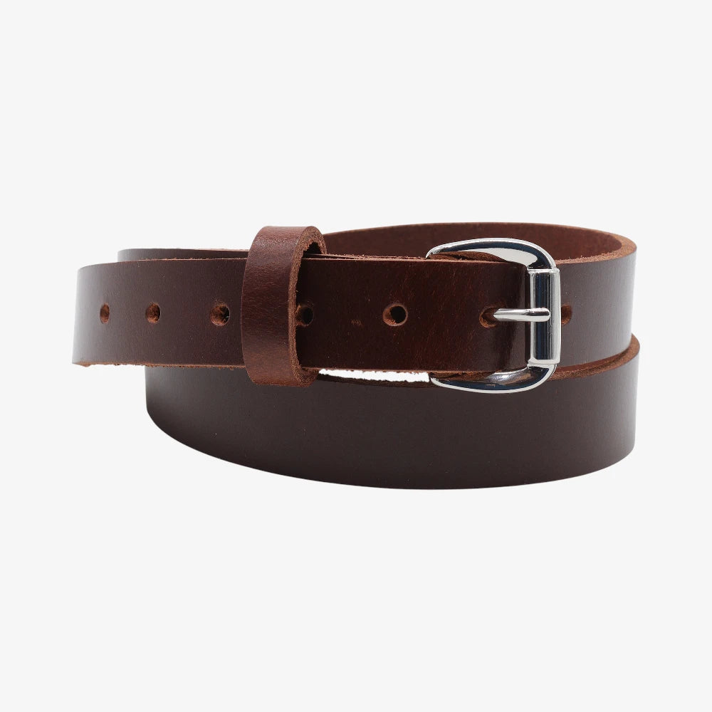 Brown leather belt with a silver buckle on a white background