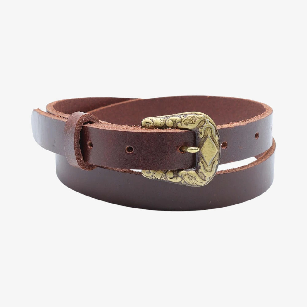 Front view of Brown leather women slim belt antique brass horse buckle on a grey background