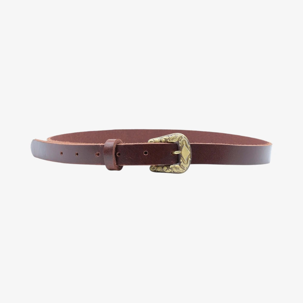 Full width view of Brown leather women slim belt antique brass horse buckle on a grey background