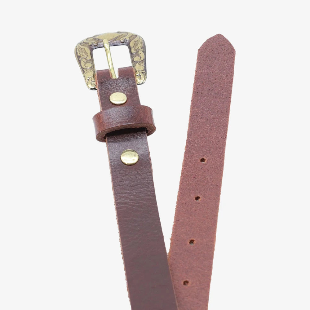 Top angle view of Brown leather women slim belt antique brass horse buckle on a grey background