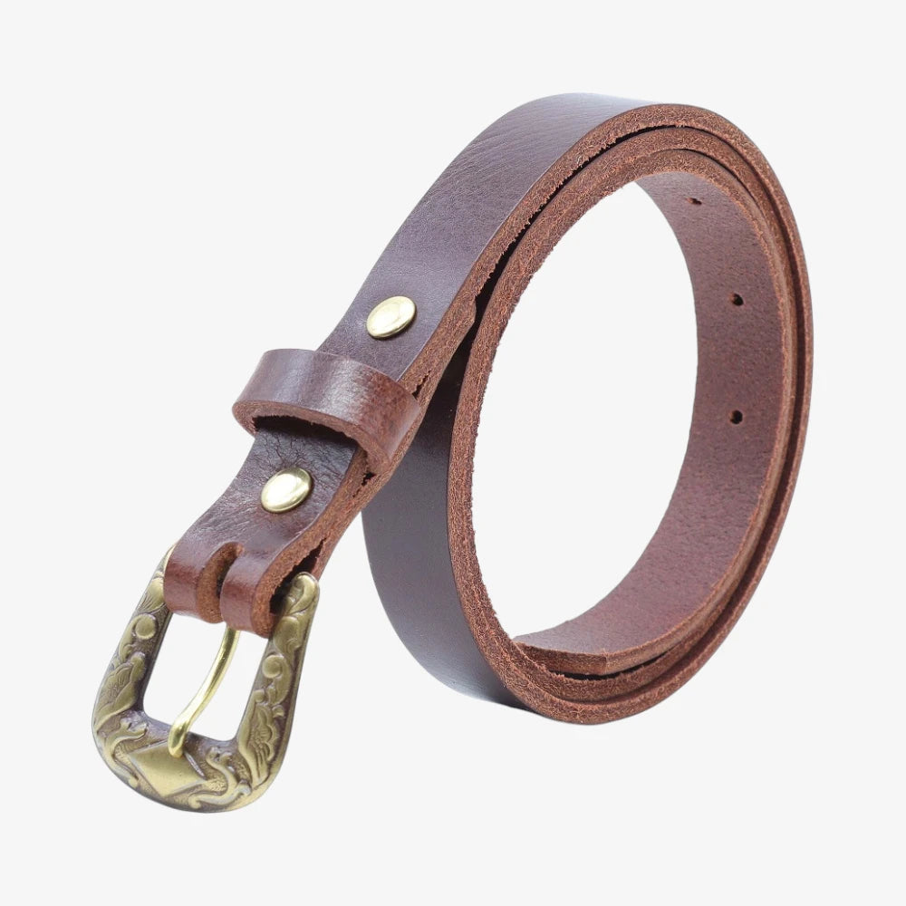  Brown leather women slim belt antique brass horse buckle on a grey background