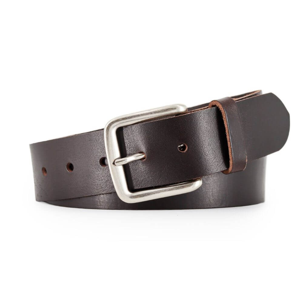 Brown leather belt with a silver buckle on a white background
