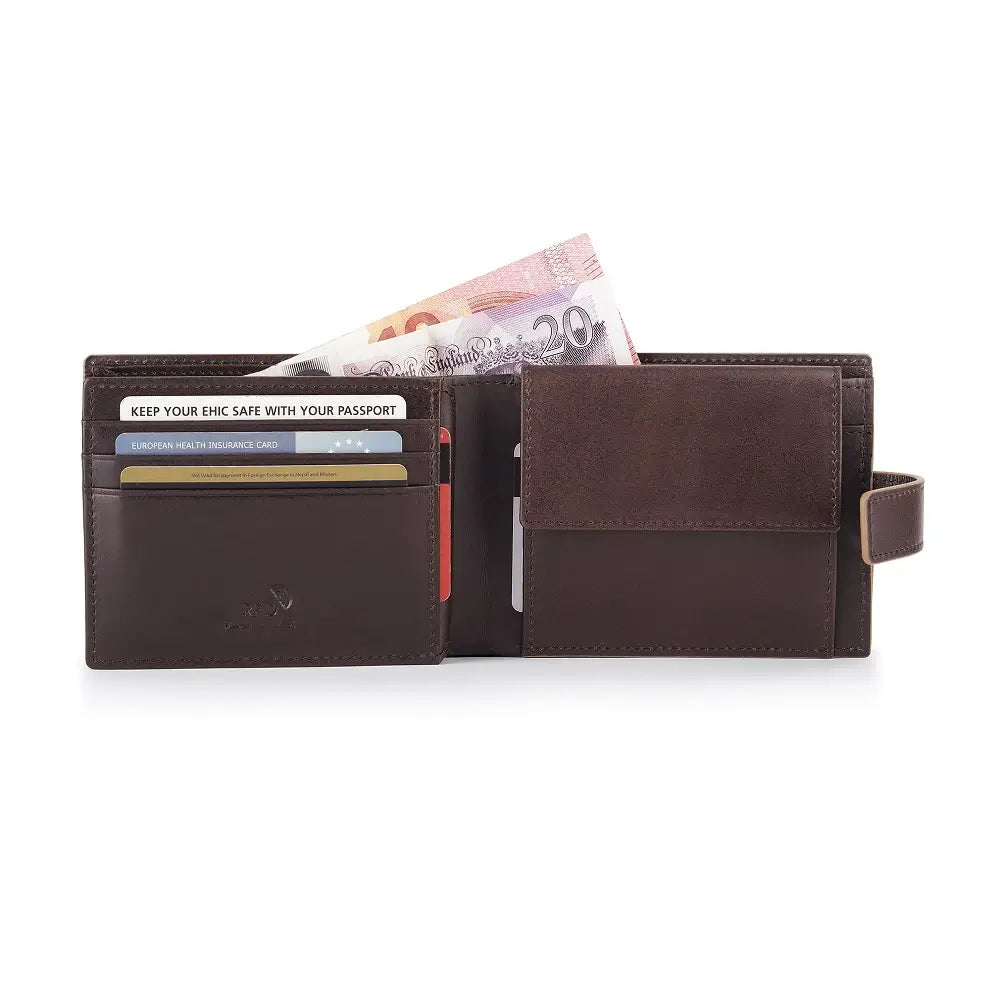 Organised view of Brown leather wallet with money and cards on a white background