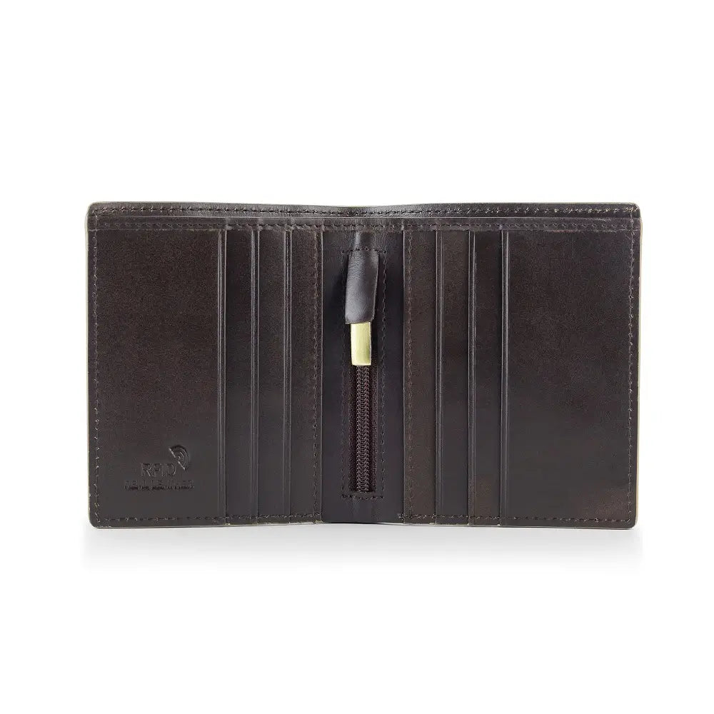 Open view of Brown leather wallet with a tassel on a white background