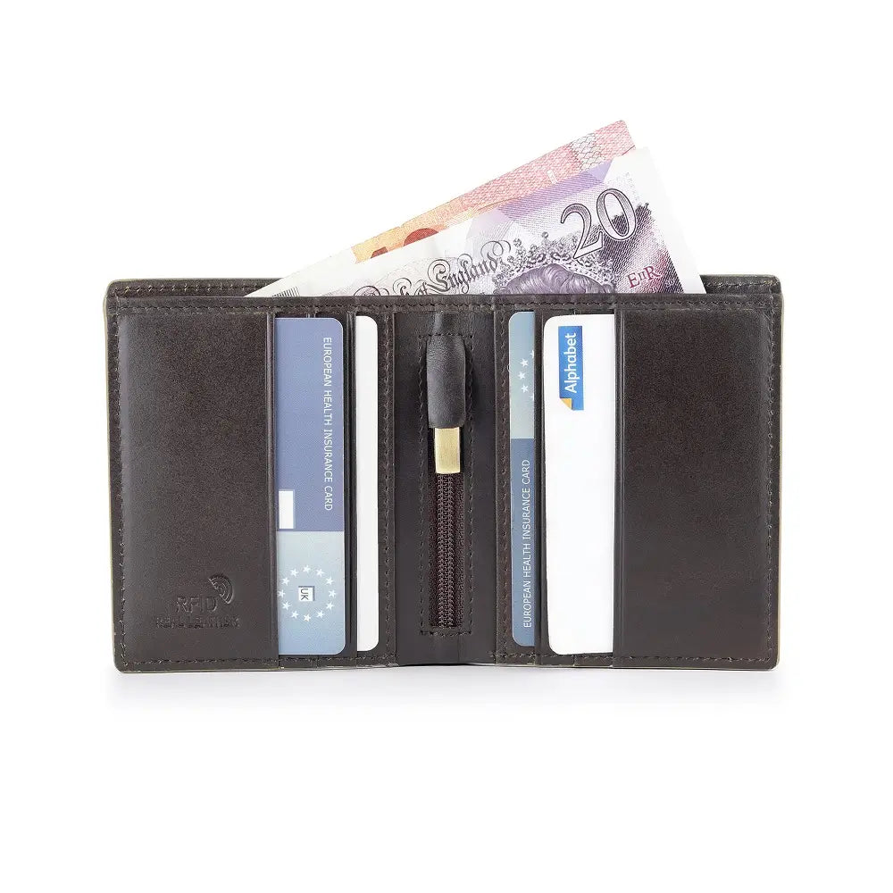 Open brown  leather wallet with cards and money on a white background