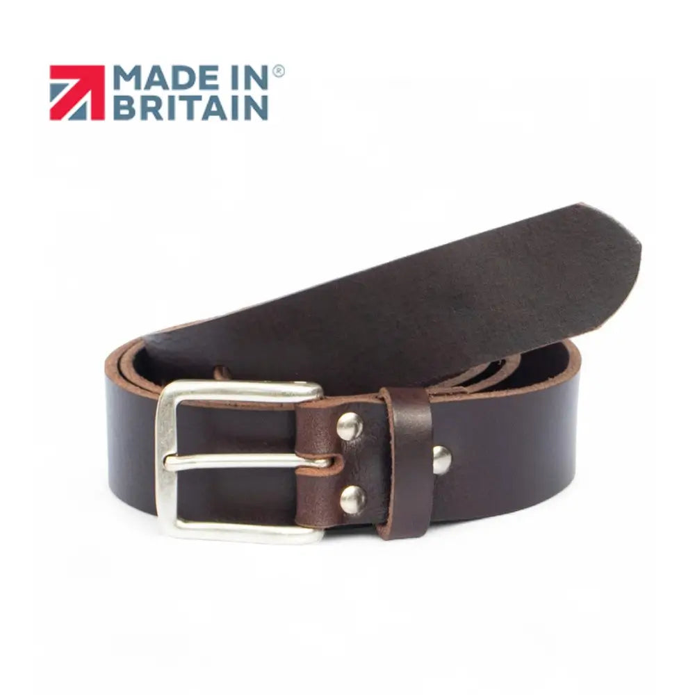 Brown leather belt with silver buckle on a white background, featuring 'Made in Britain' logo.