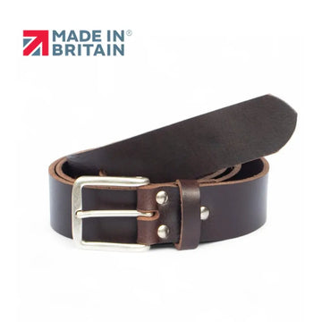 Brown leather belt with silver buckle on a white background, featuring 'Made in Britain' logo.