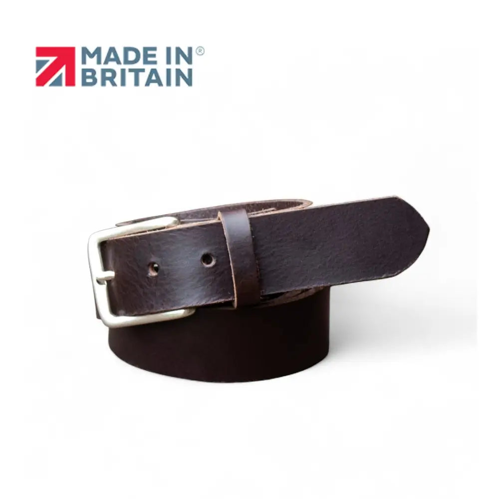 Brown leather belt with a silver buckle on a white background, featuring 'Made in Britain' logo.