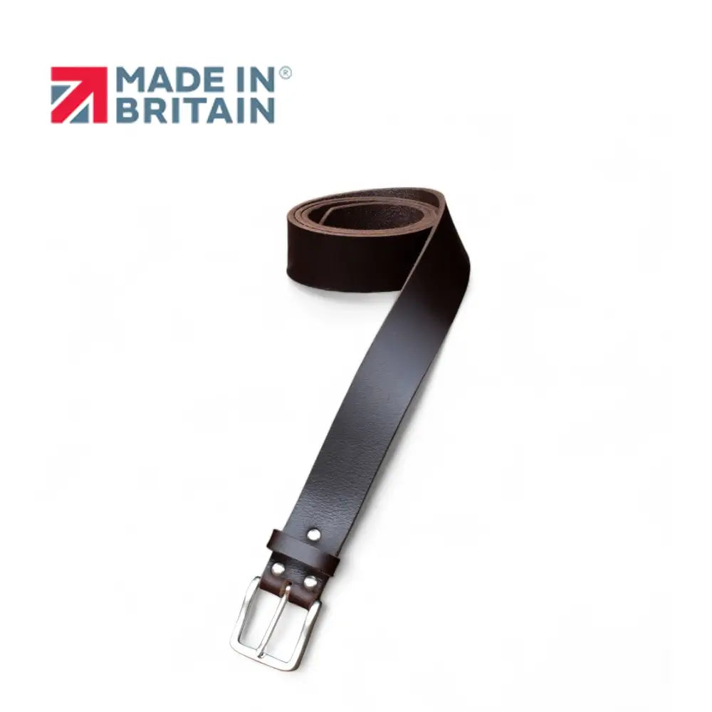 Brown leather belt with silver buckle on a white background, featuring 'Made in Britain' logo.
