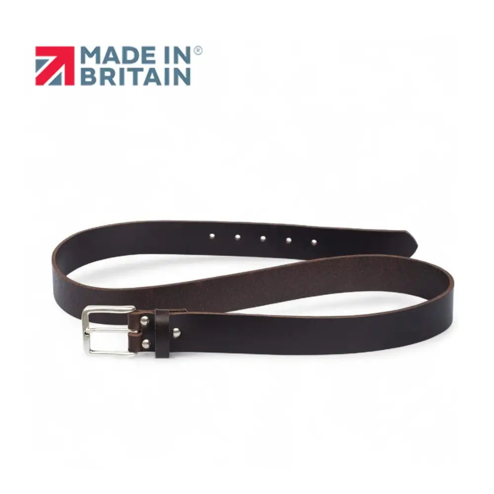 Brown leather belt with silver buckle on a white background, featuring 'Made in Britain' logo.