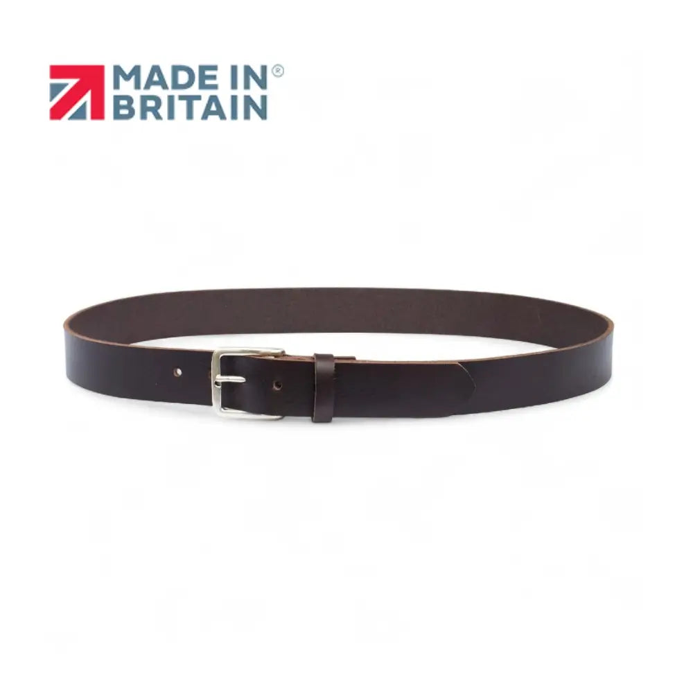 Brown leather belt with a silver buckle on a white background, featuring 'Made in Britain' logo.
