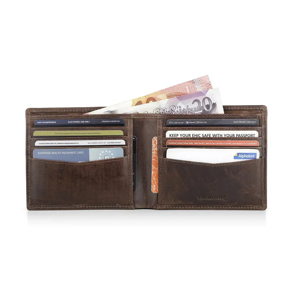 Brown leather wallet with card slots and money pocket on a white background