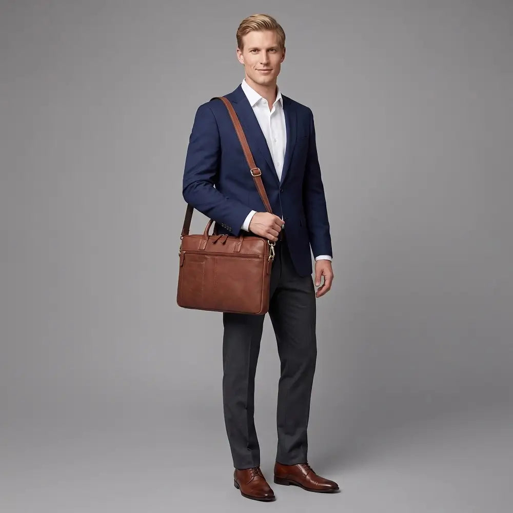 Man in a blue suit holding a brown leather bag against a gray background