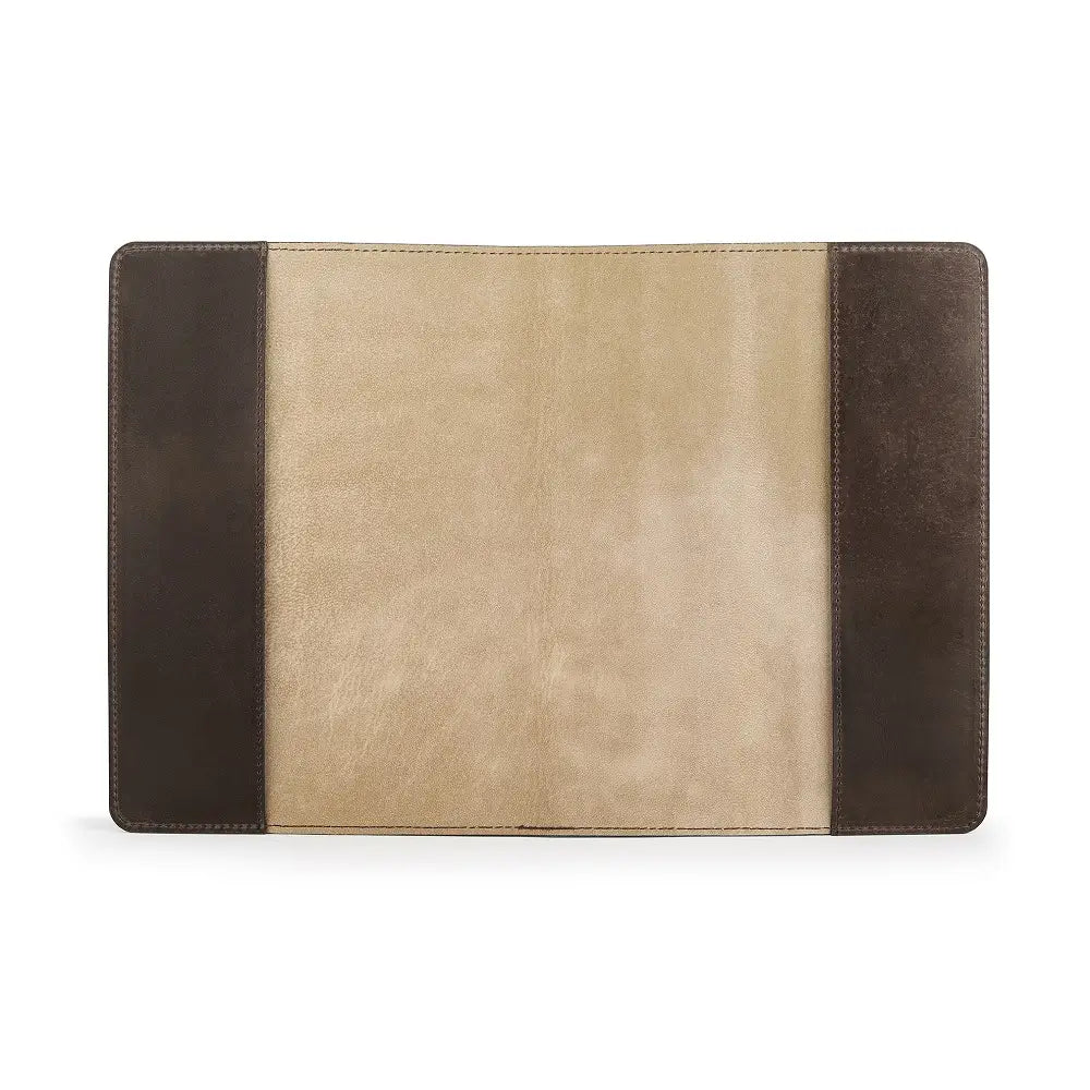 Two-tone brown and beige leather diary cover on a white background
