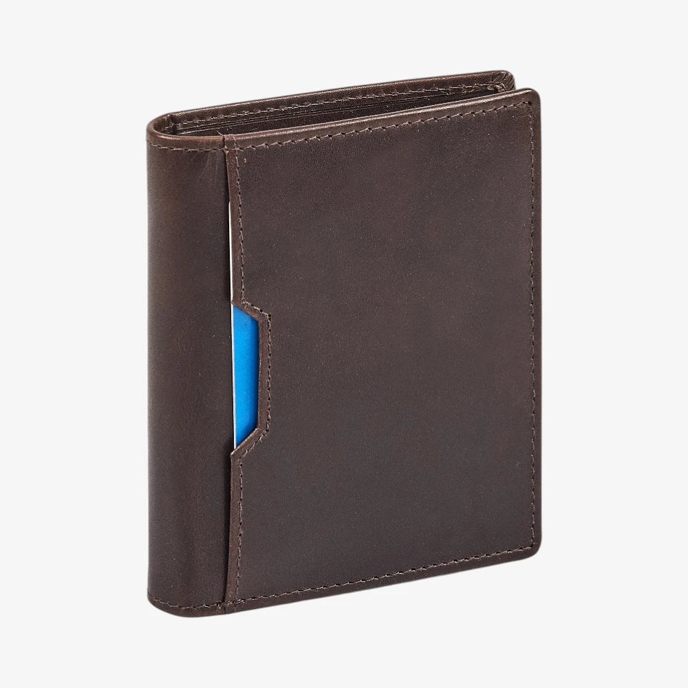 Brown leather wallet with a blue card pocket on a white background