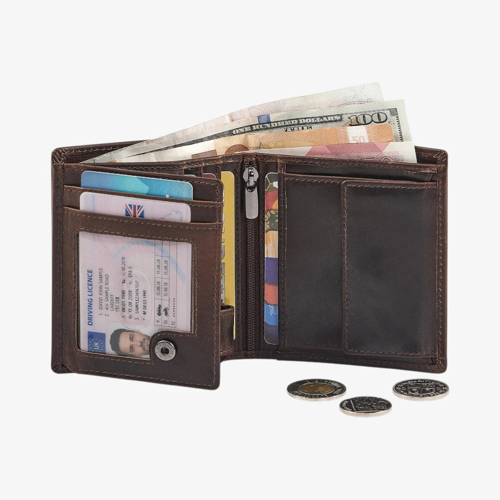 Brown leather wallet with various cards, money, and coins on a white background