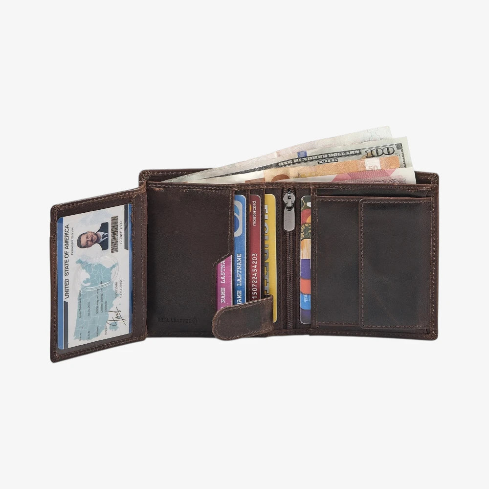 Brown leather wallet with various cards and a bill on a white background
