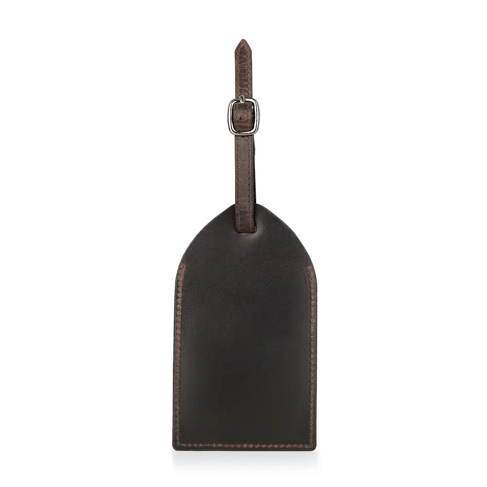 Back view of brown full-grain leather luggage tag .