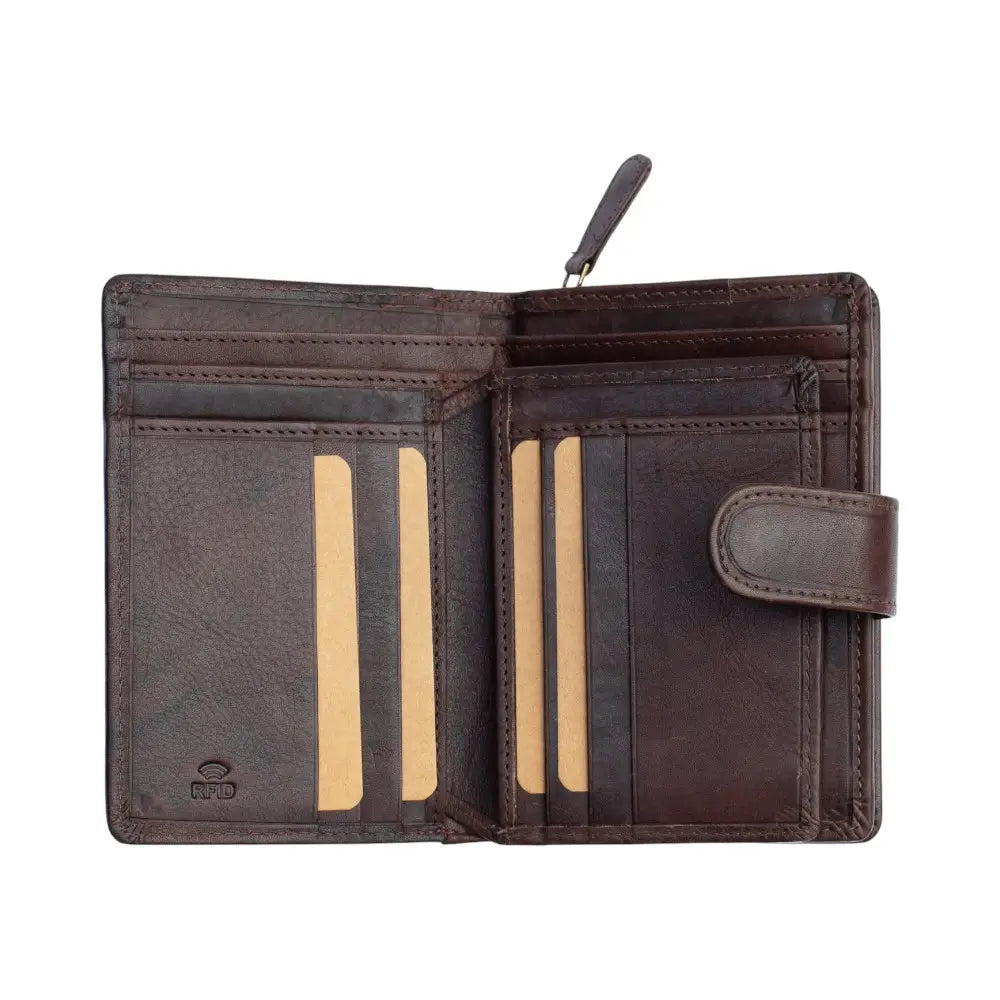 Brown leather wallet with card slots on a white background