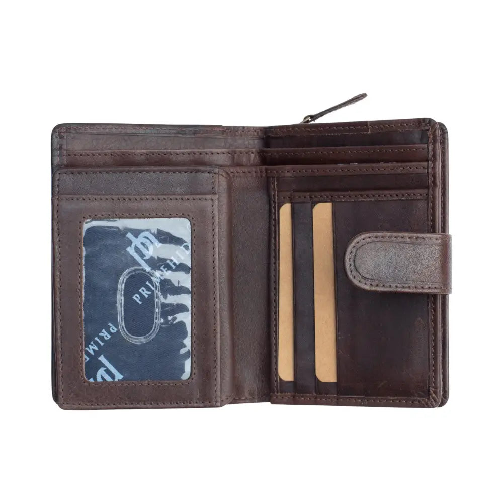 Brown leather wallet with card slots and a visible brand logo on a white background
